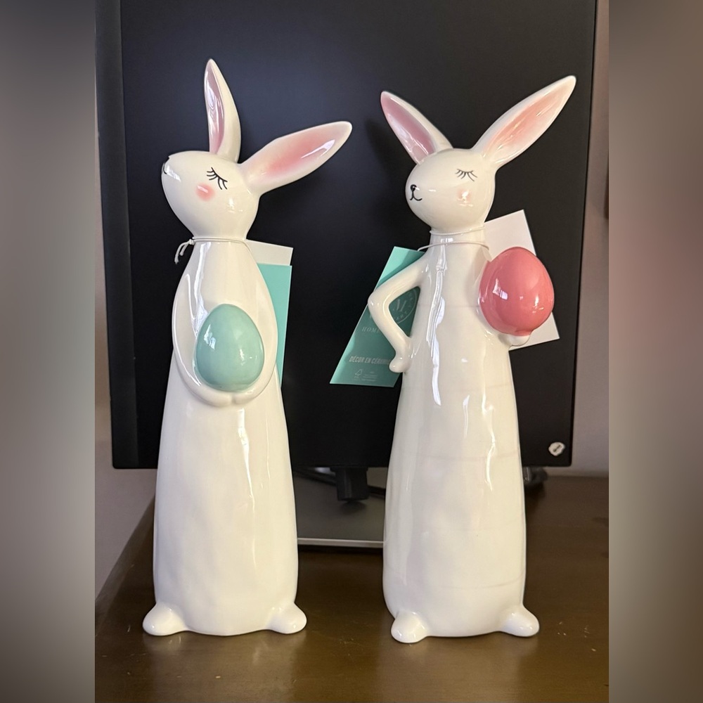 Martha Stewart Set of 2 Sassy Bunnies, Each Holding an Egg